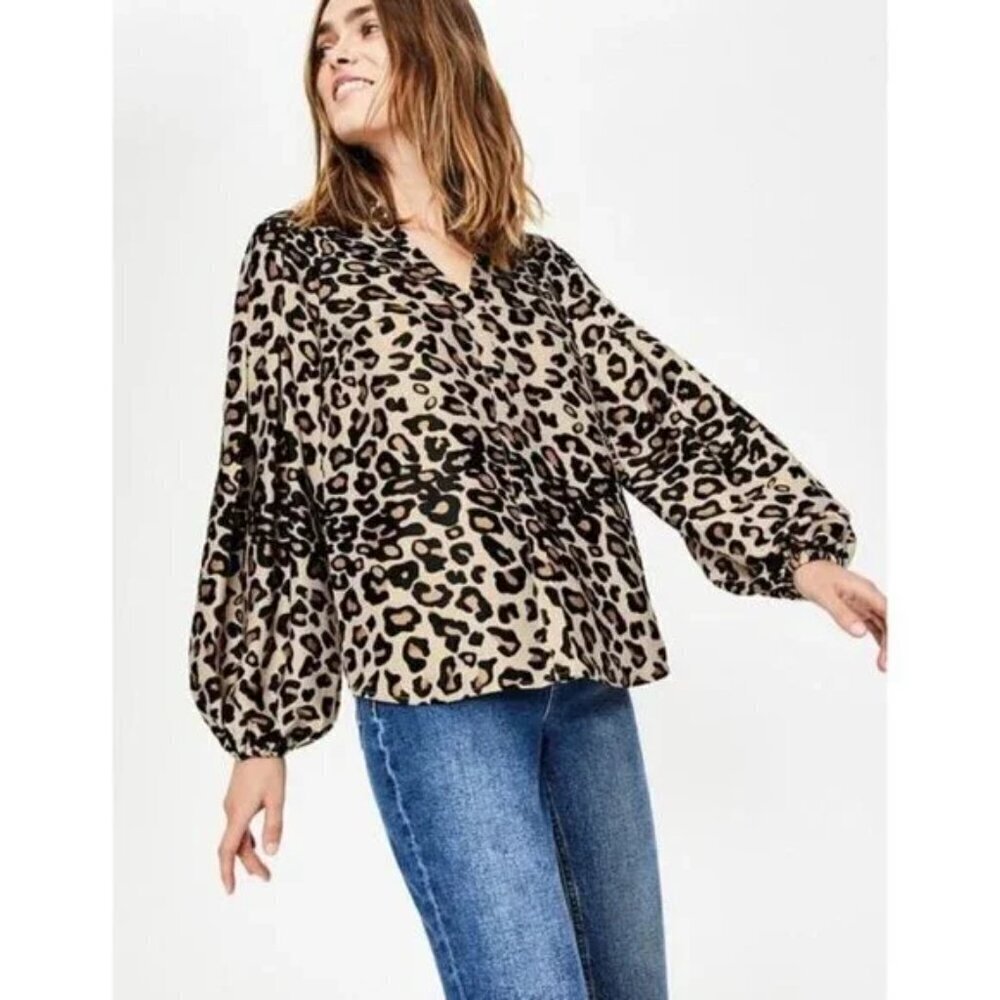 Boden Harriet Blouse Size 6 Leopard Print Bishop Sleeve Work Office Career